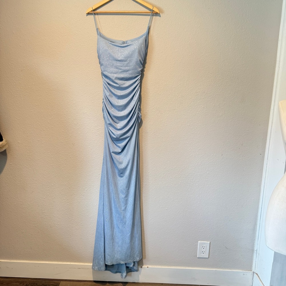 Windsor Light Blue Glitter Ruched Open Back Maxi Formal Dress S W081W523E